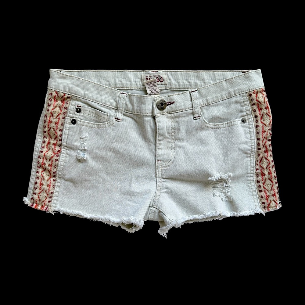 Mudd Boho Embroidered Side Panel Cutoff Denim Shorts Khaki Size‎ 7 Distressed